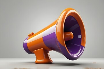 A modern, glossy orange megaphone with a vibrant purple inner horn is displayed against a soft gradient background, ideal for advertising, communication