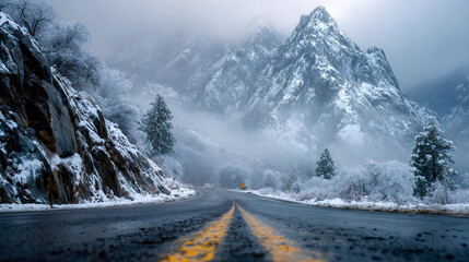 Foggy mountain road fading into snowy distance