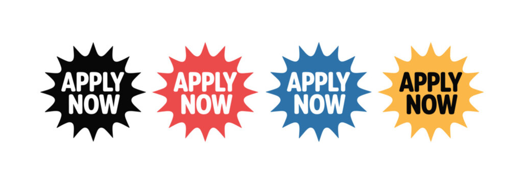 Apply Now Starburst Buttons: Multi-Color Call to Action Badges for Job Applications, Registrations, and Sales Promotions - Vibrant Web Design Elements