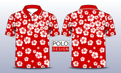 Red polo shirt with white hibiscus pattern, T-shirt mockup template design. Vector Illustration.