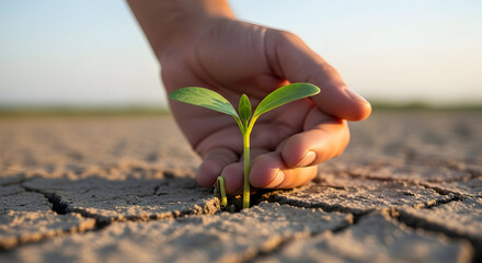 Hand nurturing new plant sprout growing in dry earth