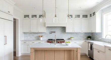 Bright Modern Farmhouse Kitchen Island, White Cabinets, Marble Countertops