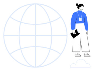 Woman in blue sweater, white trousers, badge, and clipboard standing next to a globe grid outline with a small cloud. Ideal for teamwork, global communication, leadership, technology, networking