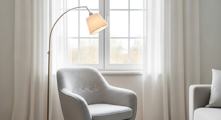 Serene minimalist living room: grey armchair, arc floor lamp, sheer curtains, natural light.