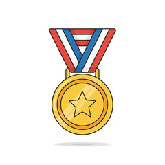 A gold medal with a star on it hangs from a red, white, and blue ribbon, representing achievement and victory.