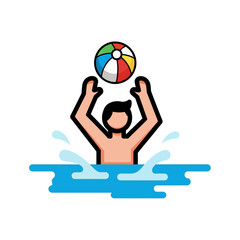 Illustration of a person in water with arms raised, reaching for a colorful beach ball, with water splashing around them.