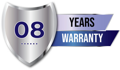 Minimalist years warranty shield label icon badge design. blue and silver color. Guarantee, quality assurance, protection. warranty badge sign insignia symbol with stars on transparent background