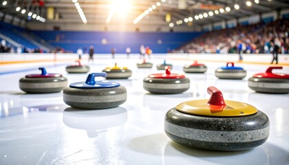 Curling stones on ice rink, spectators blurred in background