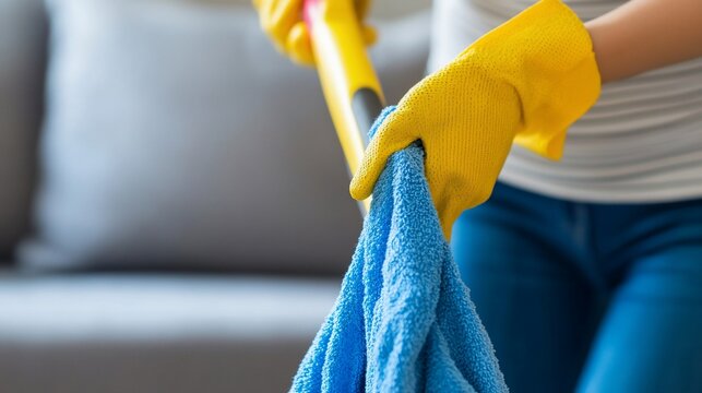 Woman in Yellow Gloves Mopping at Home for routine hygiene maintainance