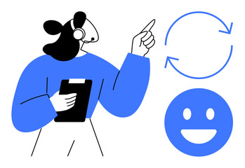 Support agent wearing headset holding clipboard, gesturing at circular arrows and happy face. Ideal for customer service, workflow, feedback, communication, guidance, teamwork, simple landing page