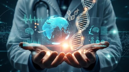 A doctor holds holographic projections of a globe and DNA, symbolizing futuristic global healthcare and genetic research. - Powered by Adobe
