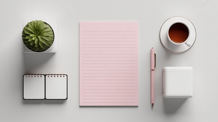 Flat lay of a pink notebook pen coffee and plant on a white desk