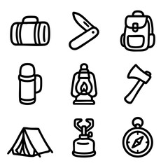 A set of doodle line icons representing essential camping gear such as tent, backpack, compass, stove, lantern, and tools