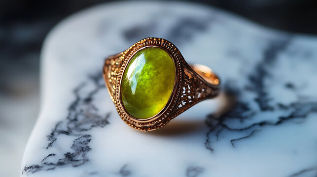 Glowing green-yellow cabochon in bold statement ring resting on marble 