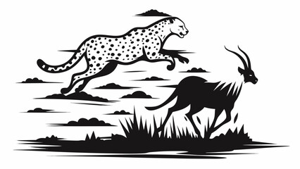 Fototapeta premium Illustration of a cheetah leaping over a gazelle in a stylized african landscape with grass and clouds silhouette