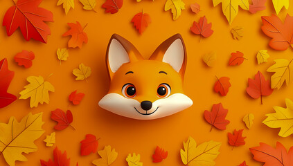 Decorated with an autumn-themed pattern of falling leaves, a three-dimensional cartoon image of a cheerful fox's face is centered on a vibrant orange background - Edition