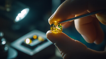 Designer holding chrysoberyl ring with tweezers under inspection light 
