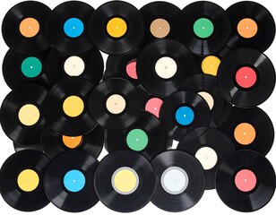 Colorful vinyl records arranged in a grid pattern