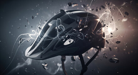 Cinematic 3d render of a black bicycle helmet exploding with light, energy and shattered particles on a dark background
