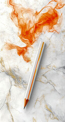 Digital image of an orange and white marble pencil on a glossy marble tabletop, featuring subtle gold stripes in a clean, minimal design aesthetic.