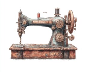 Antique sewing machine, detailed illustration