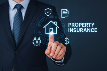 Property insurance concept with business person touching virtual house icon for protection and financial security in business insurance environment