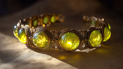 Cinematic view of chrysoberyl bracelet with multiple glowing cabochons 
