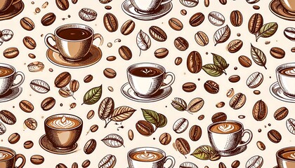 Obraz premium Coffee cups and beans seamless pattern