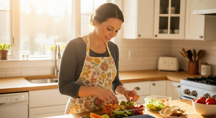 Smiling woman prepping healthy snacks in a bright kitchen for meal planning and mindful eating
