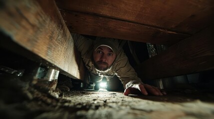 Man Exploring a Narrow Crawl Space