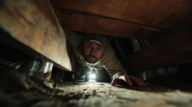 Man Exploring a Narrow Crawl Space