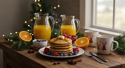 A breakfast spread on a rustic wooden table by a window, bathed in soft morning light. golden pancakes with melting butter and a drizzle of maple syrup,a pitcher of orange juice, and elegant holiday
