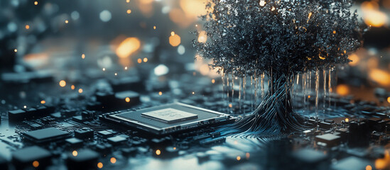In the foreground, an old computer chip sits atop a complex circuit board, surrounded by flowing water and droplets in various shades of gray, black, and silver,