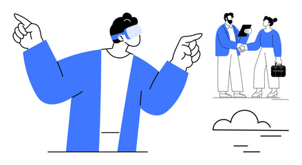 Individual wearing VR headset gesturing in digital space, professionals collaborating with handshake and documents. Ideal for technology, teamwork, innovation, future, business, networking