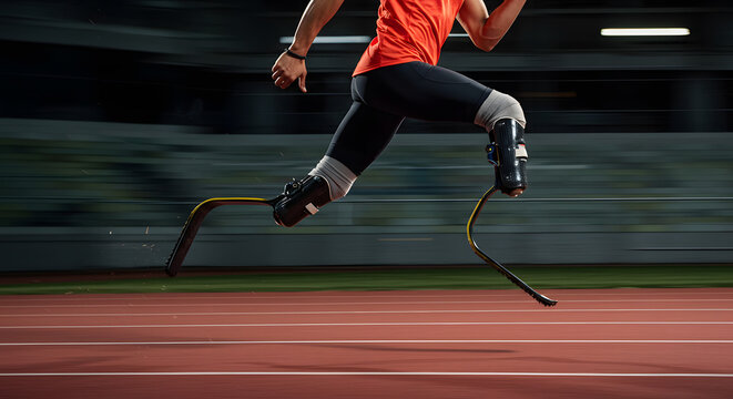  Dynamic Motion: Amputee Athlete with Prosthetic Running Blades Sprinting on a Track with Motion Blur Emphasizing Speed and Determination - Powered by Adobe