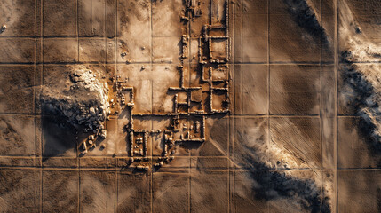 Aerial View of Ancient Archaeological Site in Desert Terrain with Grid Excavation Patterns