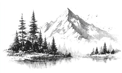 Snowy mountain, forest, lake scene