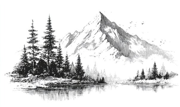 Snowy mountain, forest, lake scene