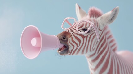Quirky zebra with rhinestone-studded pink sunglasses using a bright megaphone. A humorous and surreal scene for bold, creative marketing, sale, discount message and shopoholic, online shopping