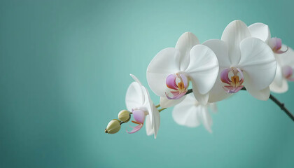 Beautiful white phalaenopsis orchid flowers bloom on a branch with a blue background, highlighting their delicate petals and vibrant blossoms
