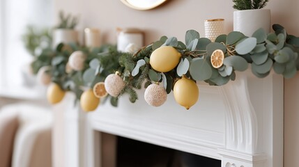 A rustic handcrafted garland made of dried citrus slices, cinnamon sticks, and pine hangs from a white fireplace mantel, creating a warm autumnal interior vibe perfect for seasonal lifestyle, decor