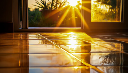 Sunlight reflecting through the open door can be seen off the polished, glossy ceramic floor tiles, which highlight the smooth texture and warm natural light ambiance.
