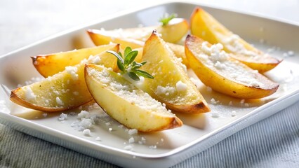 Golden baked potato wedges sprinkled with herbs and salt