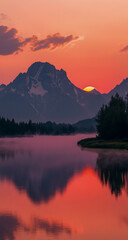 Fototapeta premium The sun is slowly rising behind the distant, rugged mountains, a soft mist is gently drifting ahead, and a small island lies at the foot of the mountains in the early morning.