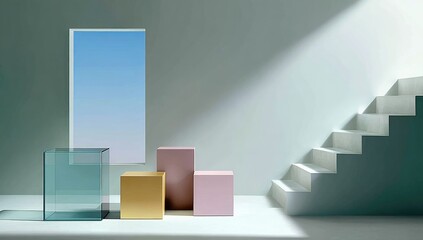 Obraz premium Minimalist room with light, displays, and stairs