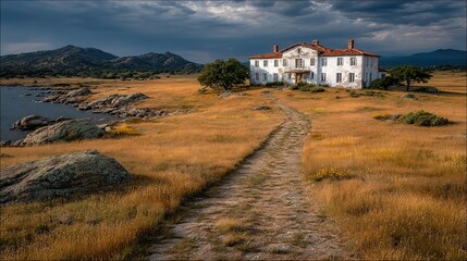 Abandoned Mansion on a Golden Meadow, Dramatic Landscape