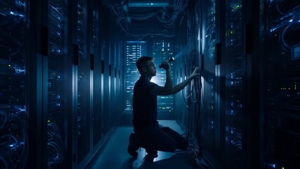 Technician Inspecting Server Room Network Cables at Night