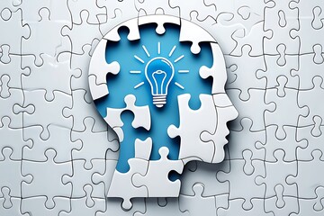 Brain puzzle representing idea generation process innovation and creative thinking conceptual knowledge with lightbulb inside a human head