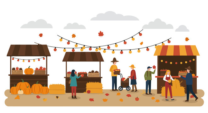 Autumn Market Scene with Pumpkins and Festive Lights