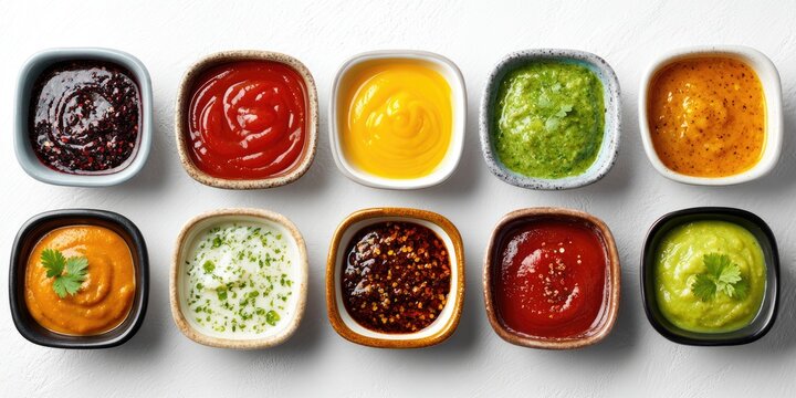 Assorted colorful sauces in small bowls